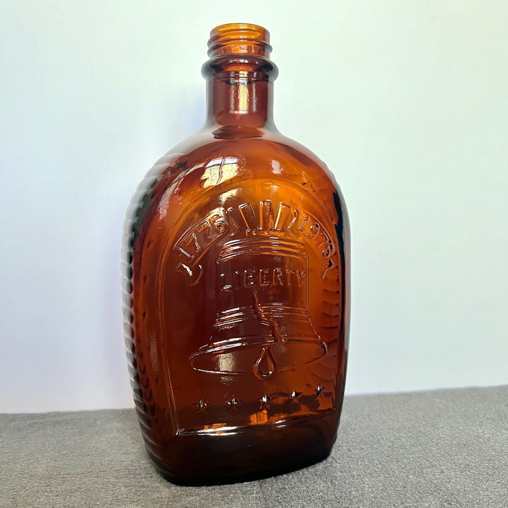 Log Cabin Amber Glass Bottle Embossed Liberty Bell Special Bicentennial Flask 8”